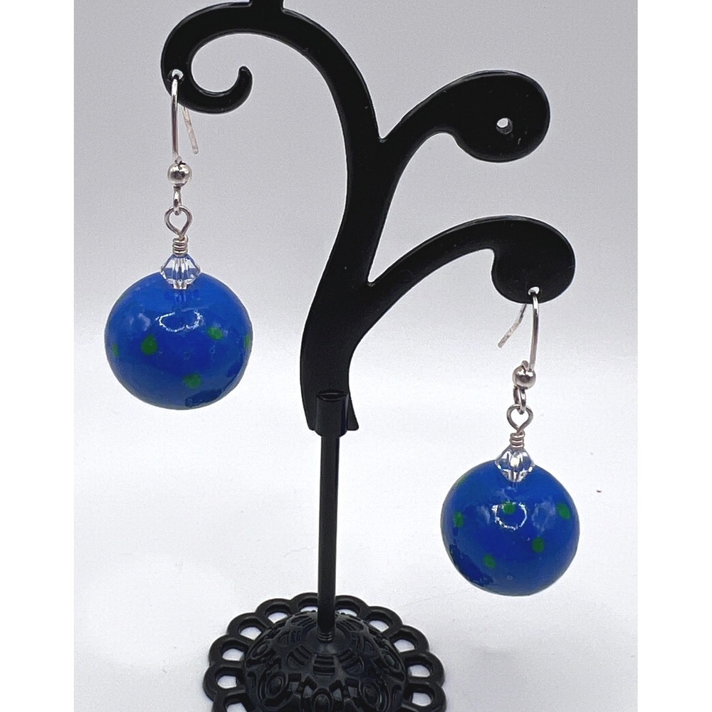 Blue Painted Wooden Bead Earrings Polka Dot Silver Tone Pierced 1.5"